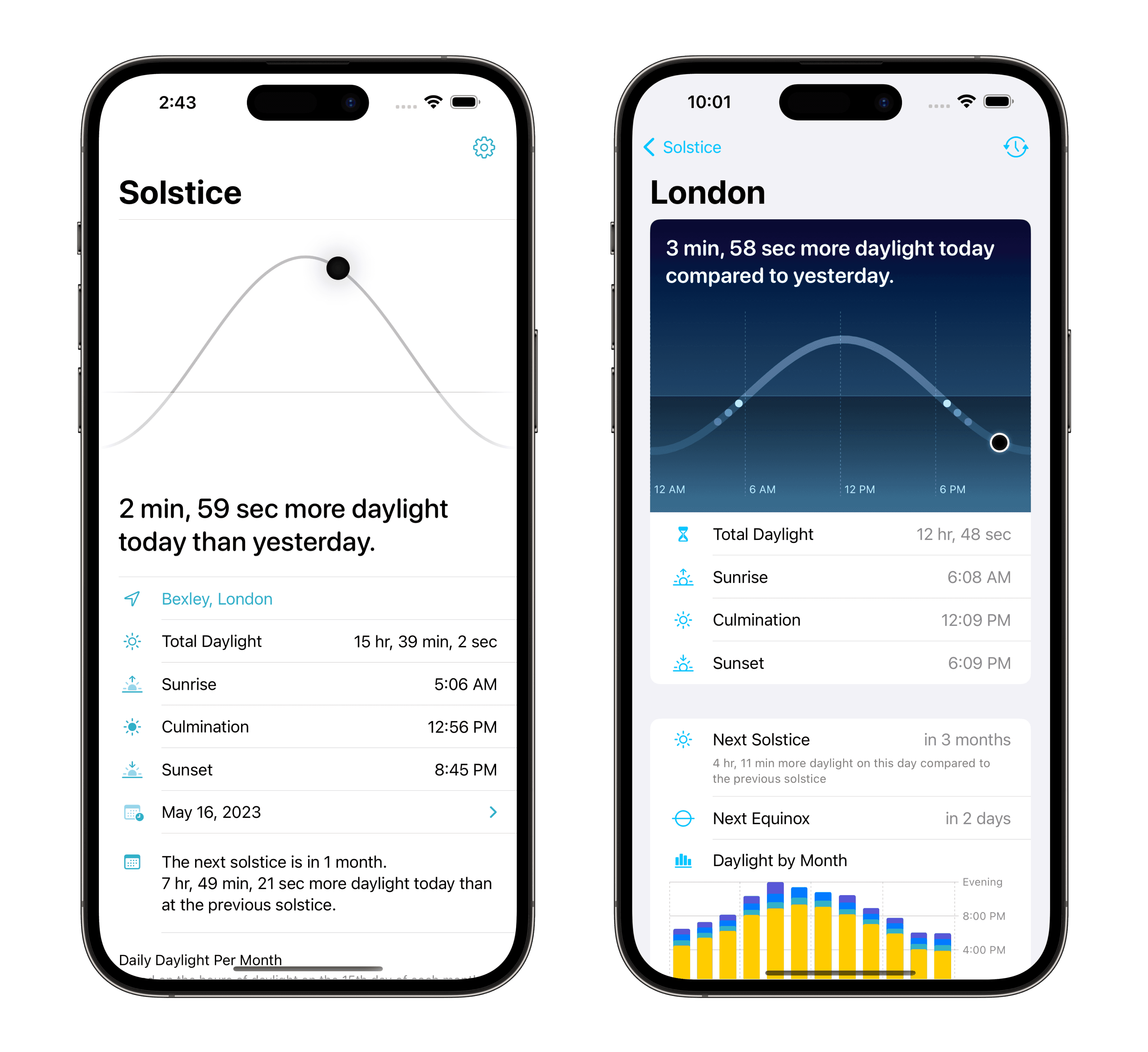 Two iPhones showing Solstice version 1 and version 2 side-by-side. Version 1 features a monochrome black-and-white design with limited use of color to denote interactive controls. Version 2 has a lot more color by comparison, showing a graphical chart that emulates the sky's appearance, and colorful bar charts indicating the daylight length changing over the year.